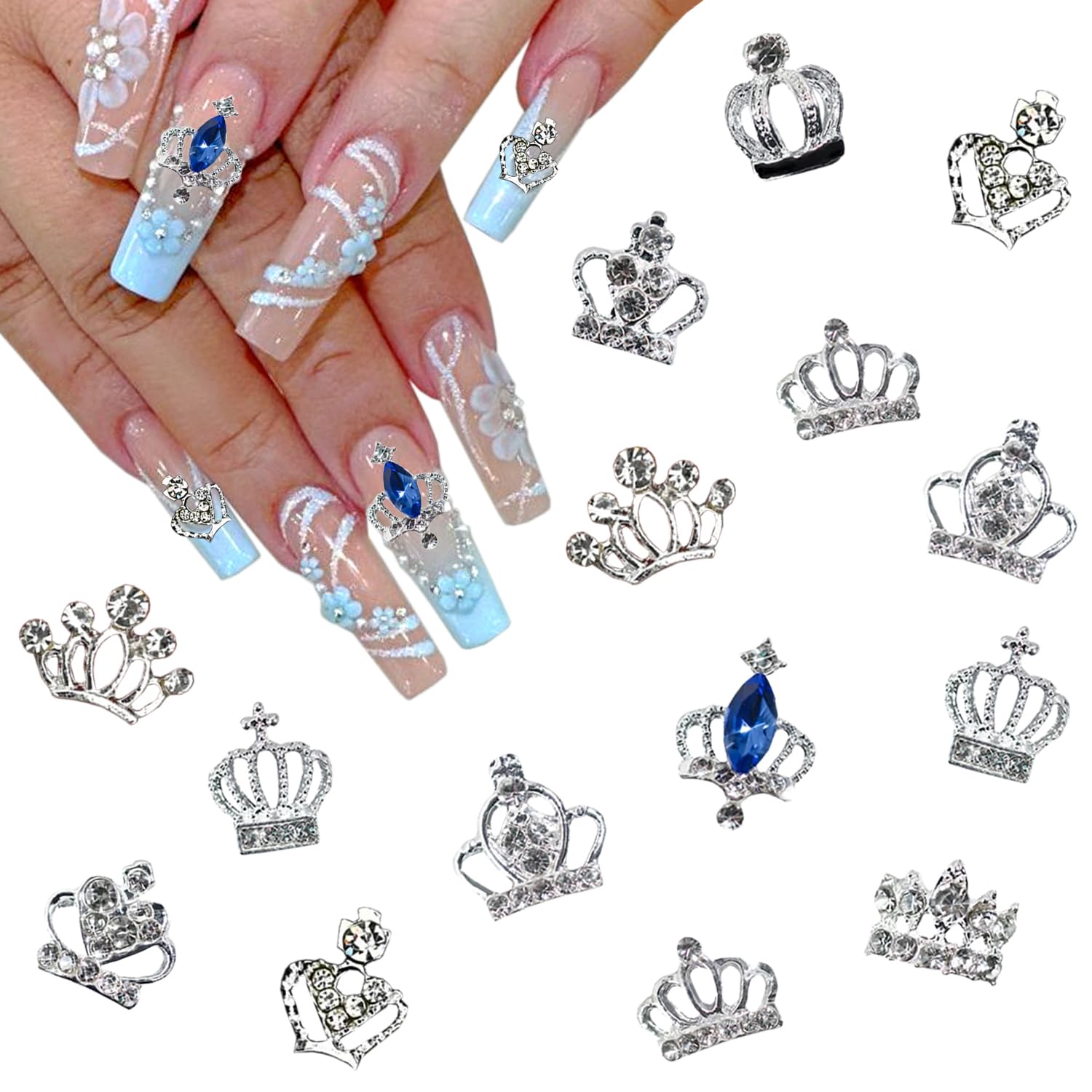 Glitter Crown Nail Charms for Nail Art 15Pcs Shiny Silver Nail Art Charms Hollow Alloy Crown Nail Rhinestones Exquisite Bling Blue Nail Gems Crystal