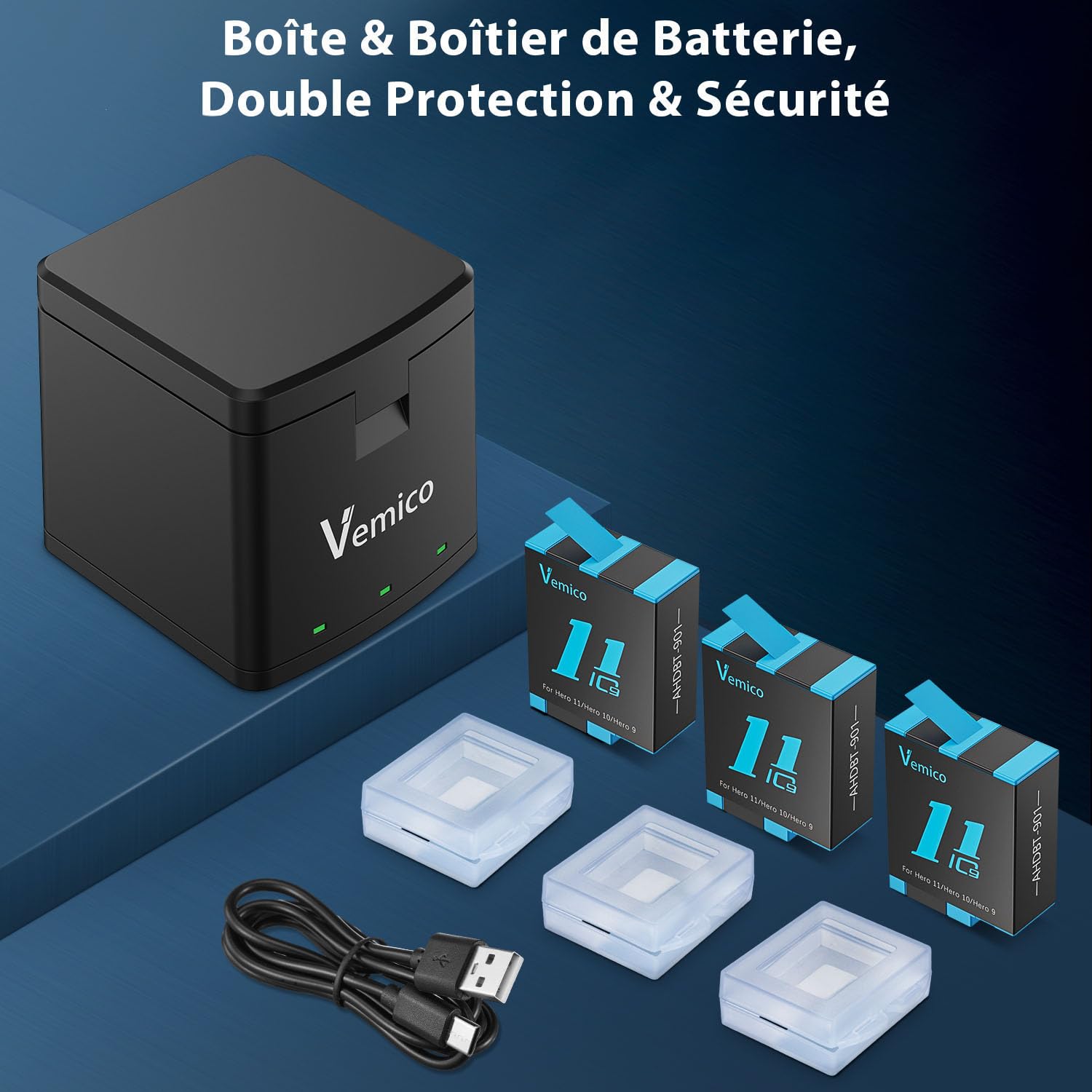 Vemico Hero 11 Batterie Chargeur Kit 3 Pack 1800mAh Hero 10 Batterie Type-C LED 3-Canaux Chargeur AHDBT-901 pour Hero 12Black/ Hero11 Black/ Hero10 Black/Hero 9Black