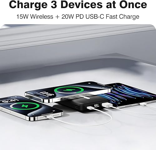 Miniatura 9 de Azmuth Cargador portátil inalámbrico con soporte, banco magnético delgado de 10000 mAh para Magsafe, batería de carga rápida de 22.5 W, compatible