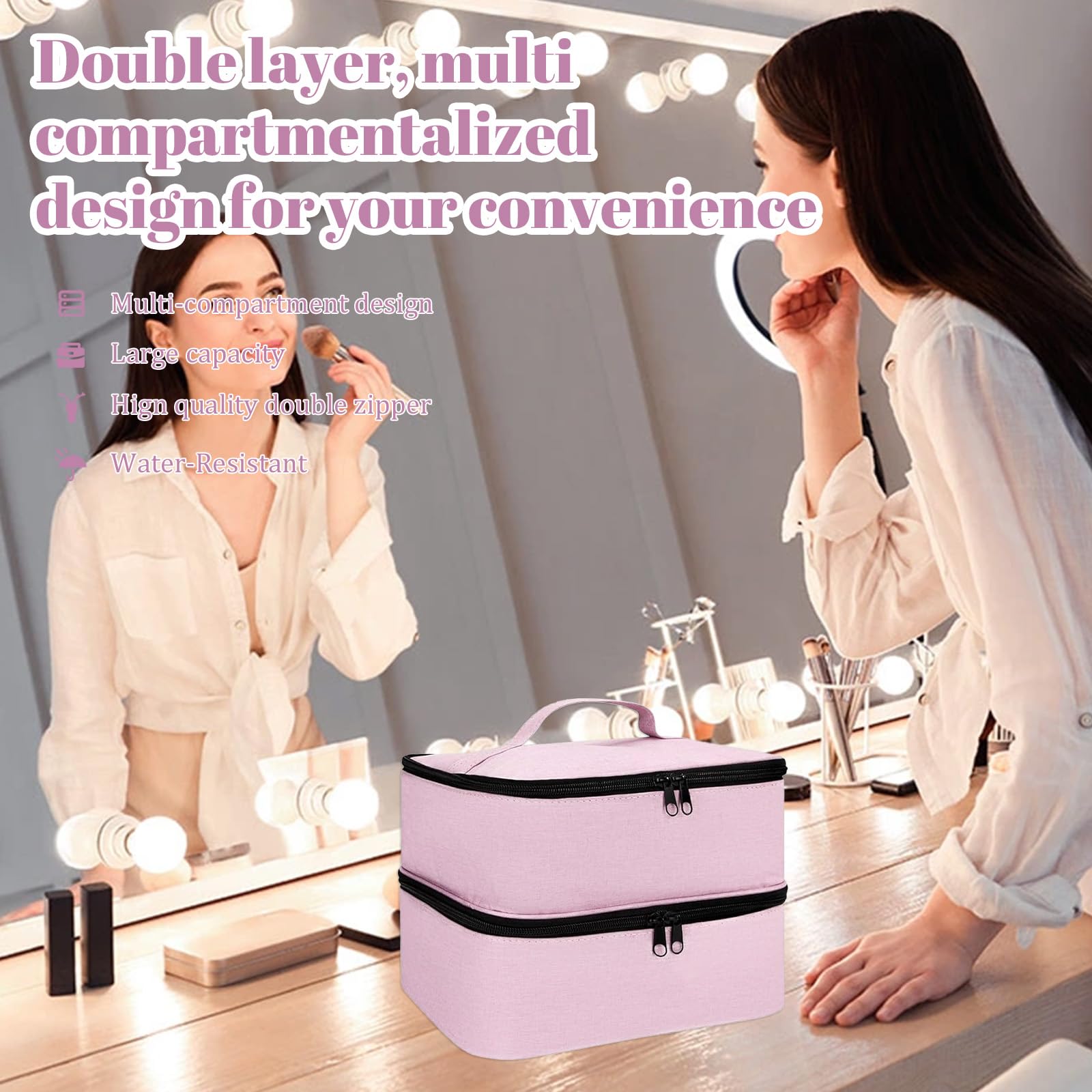 ADERTOS Borsa Porta Smalti a 2 Strati Organizzatore per Smalto Impermeabile Pochette Porta Smalti in Nylon per 30 Flaconi a 15 ml Valigetta Porta Smalti e Lampada Unghie UV, 25*20*19cm, Rosa Chiaro
