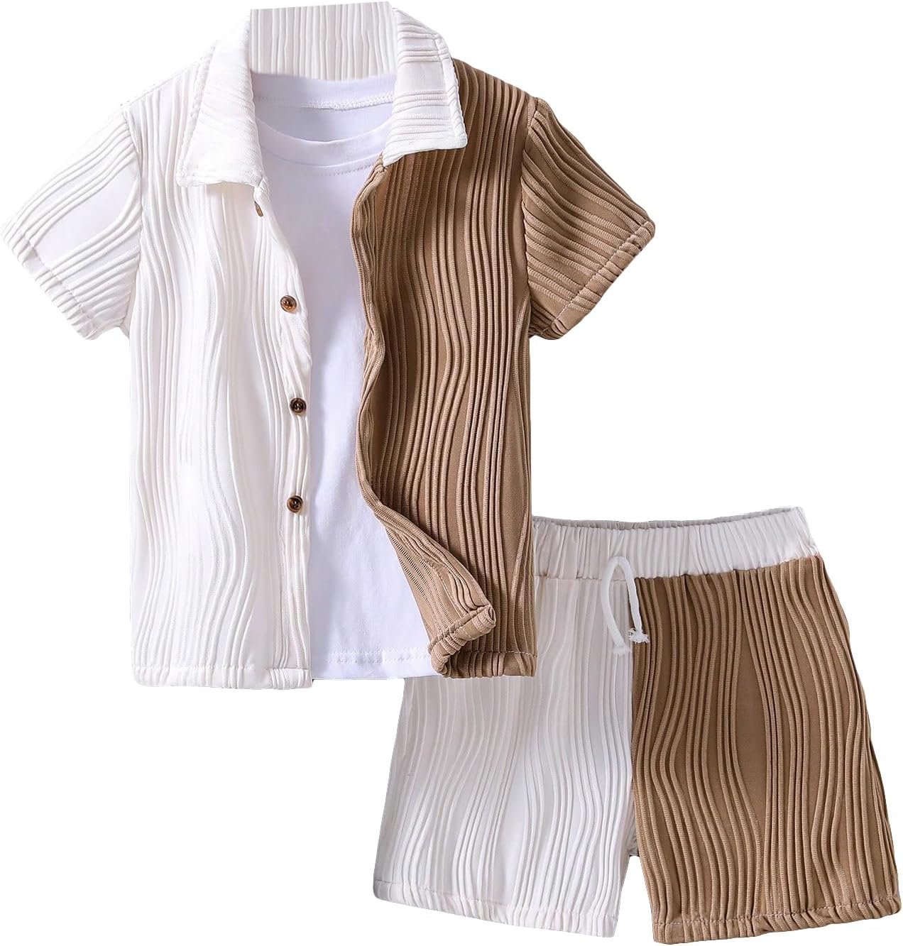 SweatyRocks Boy’s Two Piece Outfits Color Block Short Sleeve Button Down Shirt and Shorts Textured Clothing Set