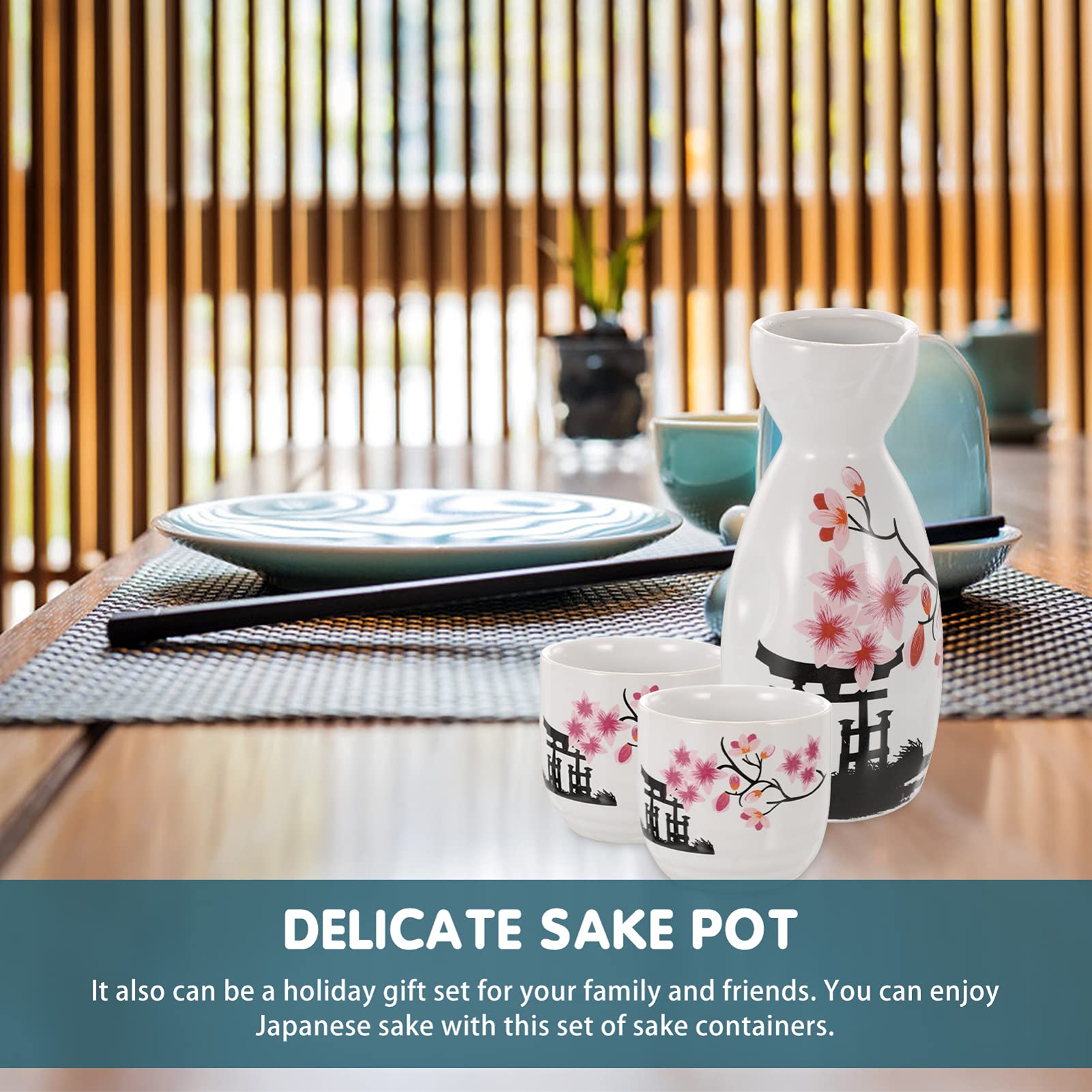 PRETYZOOM - Set di tazze per sakè, in ceramica, con bottiglia di bambù calda, multiuso, per sake
