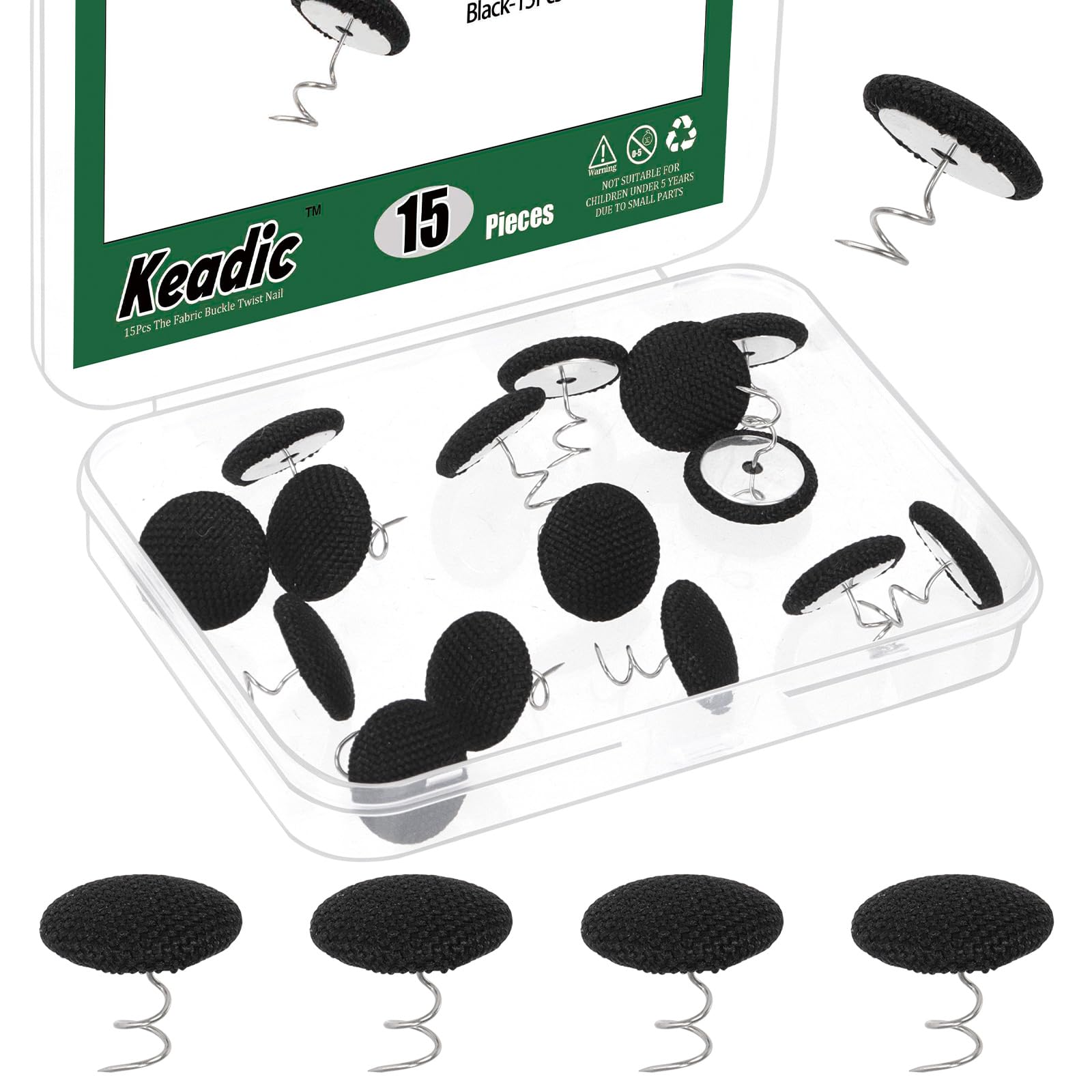 Keadic 15Pcs Fabric Covered Button Twist Pins Upholstery Twist Pins Sofa Cover for Sofa Slipcovers Armrest Covers(Black)