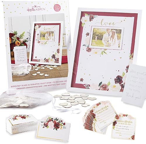 Kate Aspen Alternativa de libro de invitados de boda floral rubor burdeos, 50 tarjetas de consejos y 50 tarjetas de tienda de campaña, recuerdos de