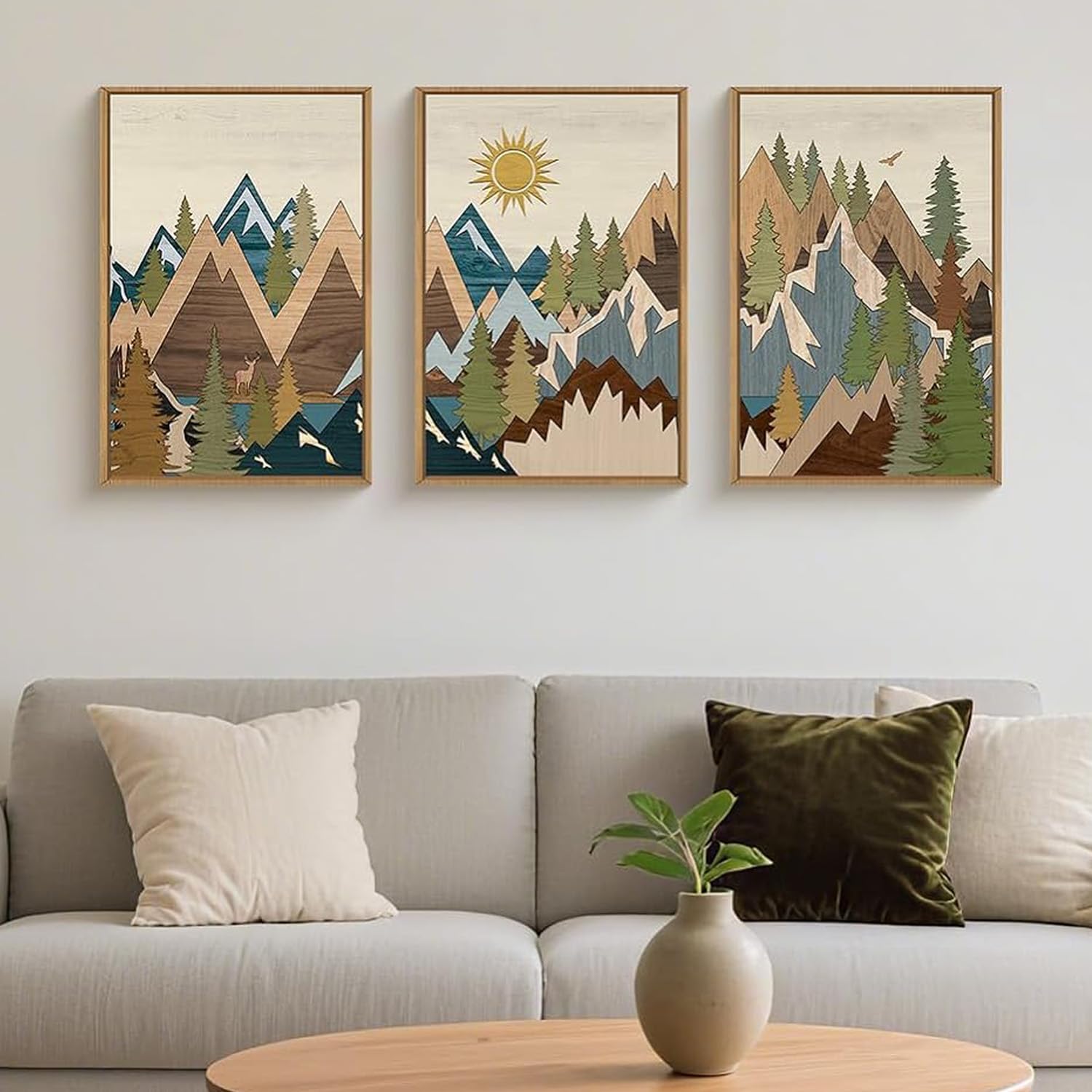 View 1 of ***FACTORY SEALED****FWIEXA Large Mountain Canvas Wall Art Set Woodcut,Sunrise Pine Tree Framed Wall Decor Forest Animal Painting,Nature Wilderness Lake Rustic Beige Landscape Artwork for Living Room Bedroom 16x24Ines