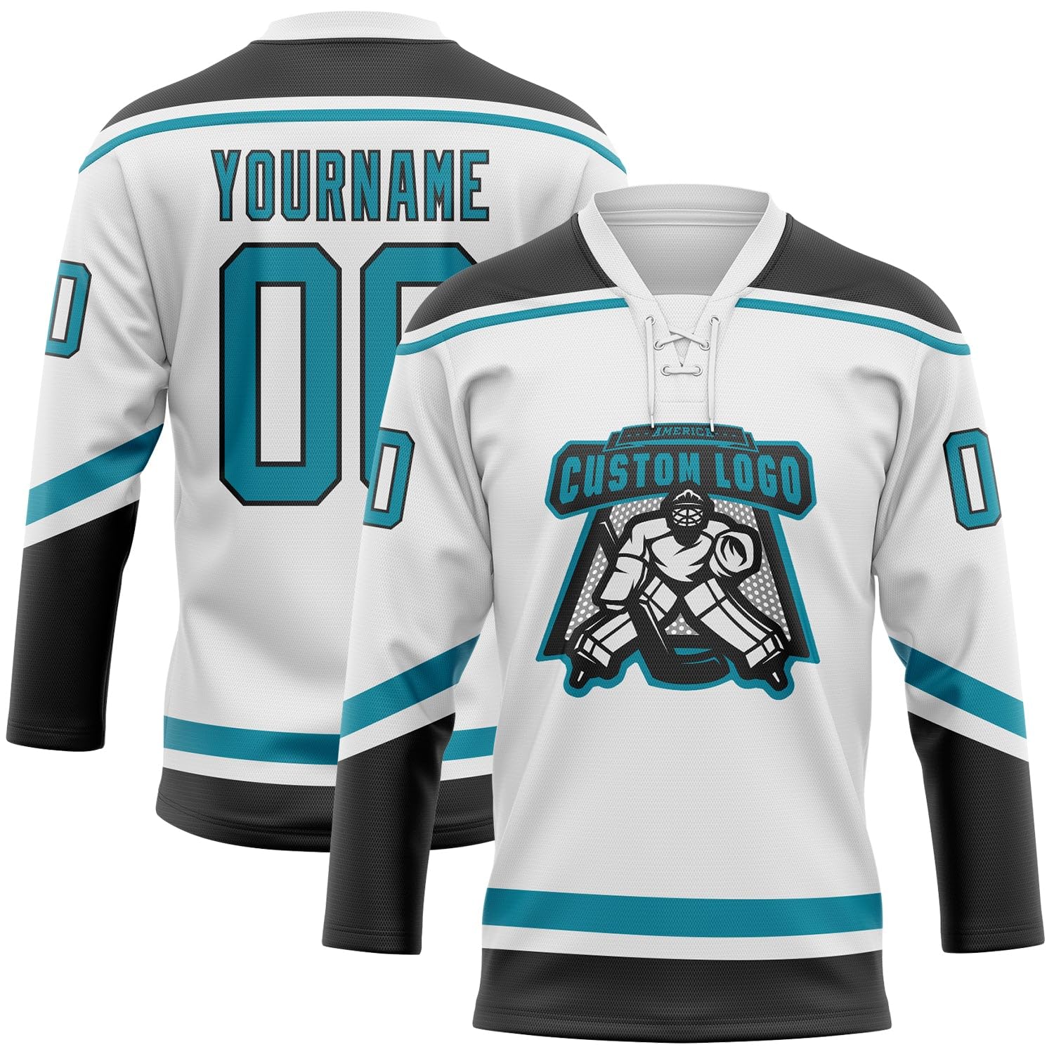 Custom White Teal-Black Hockey Lace Neck Jersey, Custom Hockey Jerseys for Men, Hockey Team Jerseys for Men, Practice Hockey Jersey, Hockey Jerseys, Hockey Jerseys for Men, Hockey Jersey