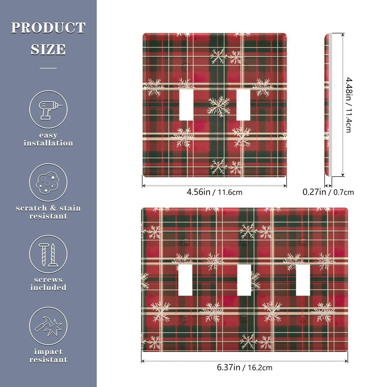 Light Switch Cover Christmas Snowflake Red Green Buffalo Plaid Wall Plates for Electrical Outlets 3 Gang 202b7056