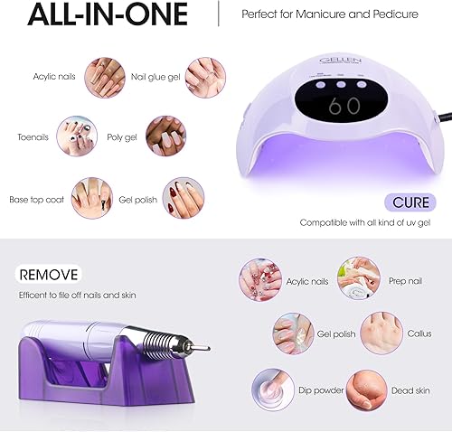 Miniatura 7 de Gellen Lámpara de uñas LED UV con taladro eléctrico de uñas, secadora de uñas de luz UV de 72 W para uñas, limas de uñas para uñas acrílicas,