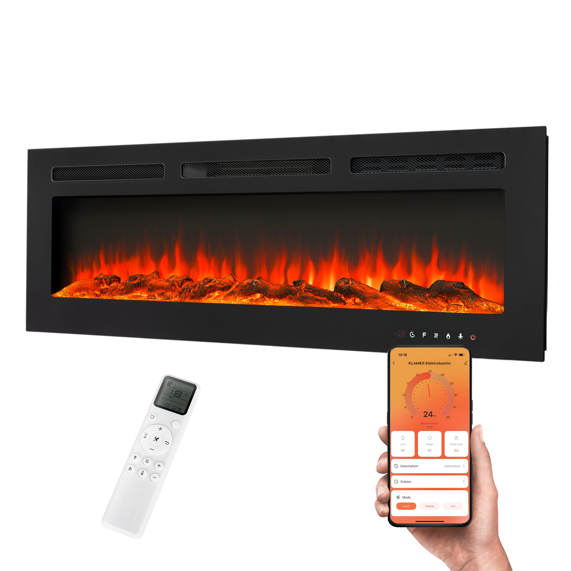 KLAMER Elektrokamin 1800W, Heizlüfter mit Thermostat 18–30°C, 9 Flammenfarben, Timer 1–8h, WiFi App & Fernbedienung, Elektroheizung bis 37m²