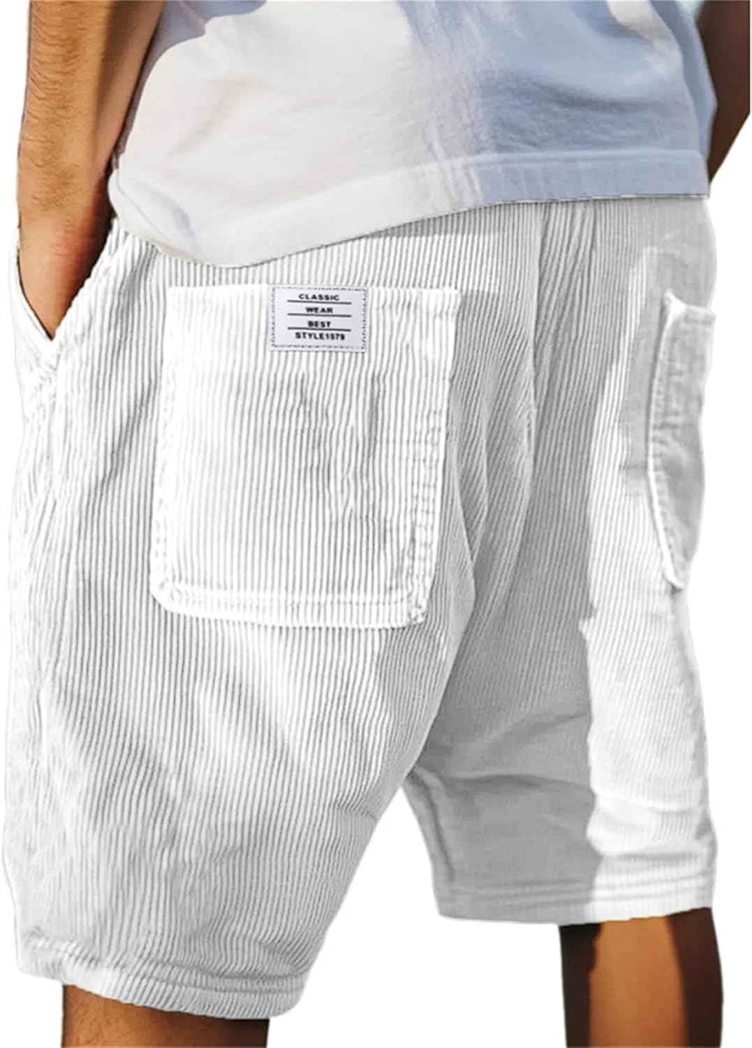 crazynekos Men's Corduroy Shorts Elastic Waist Drawstring Cargo Short Multi-Pocket Lightweight Summer Casual Beach Shorts