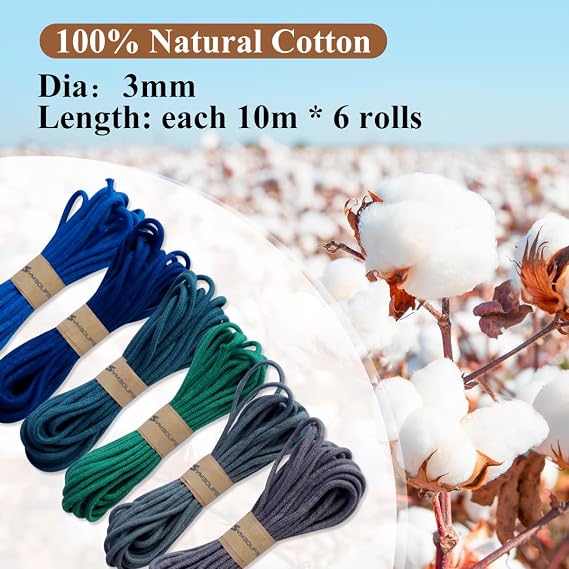 Macrame Cord 3mm,6 Rolls of Colored Macrame Rope, Soft Natural Braided Cotton Cord, Macrame Yarn Cotton Rope String for DIY Wall Hanging Crafts Knitting (#8)