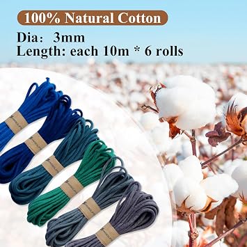 Macrame Cord 3mm,6 Rolls of Colored Macrame Rope, Soft Natural Braided Cotton Cord, Macrame Yarn Cotton Rope String for DIY Wall Hanging Crafts Knitting (#8)