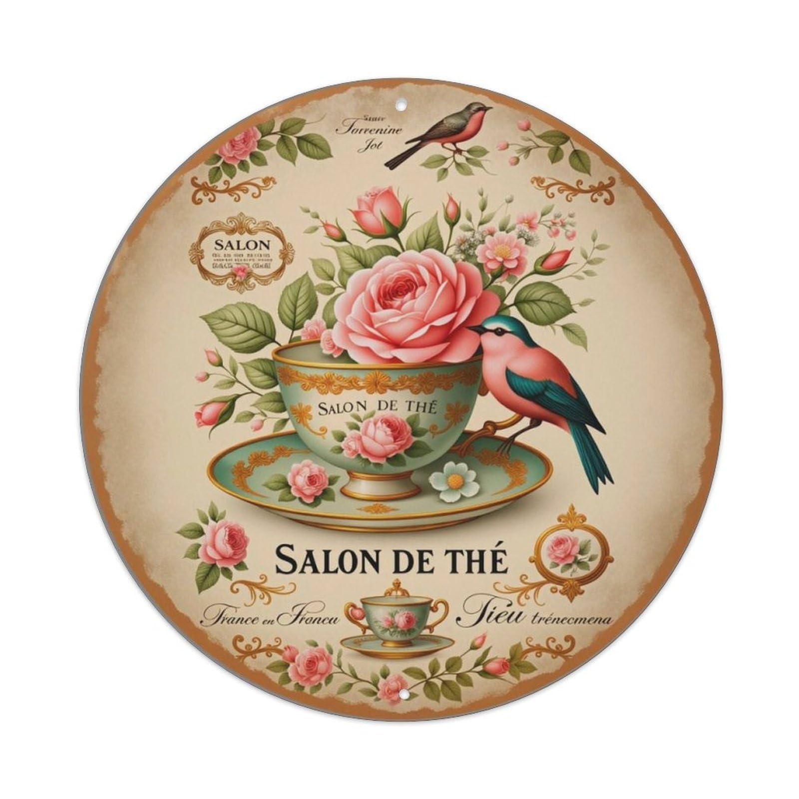 French Vintage Rose Teacup Bird Round Decor Sign Vintage Aluminium Metal Sign, Retro Wall Decor for Home, Bar, Garage & Farmhouse 20x20cm