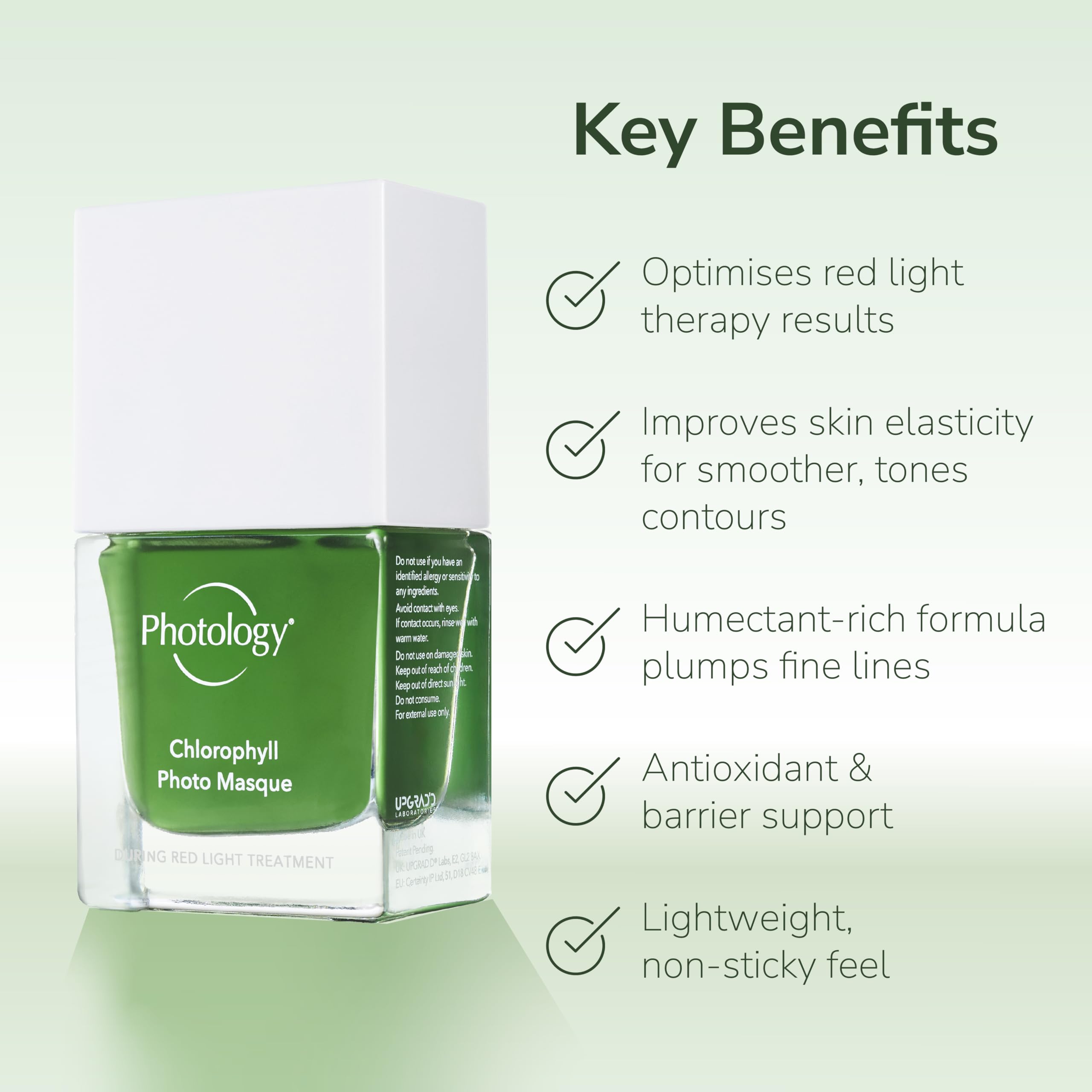 Masque photo à la chlorophylle, masque visage pour luminothérapie rouge, réduit les ridules et rafraîchit tous les types de peau grâce à la centella asiatica – 30 ml