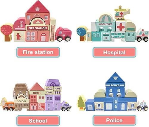 Miniatura 3 de Xylolin Juego de bloques de construcción de madera, 115 piezas de bloques apilables de construcción de ciudad, juguetes educativos de aprendizaje