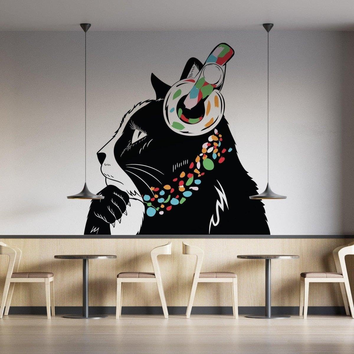 Adesivo da parete per appassionati di musica felina – Adesivo da parete con gatto, 150 x 103 cm, lato destro