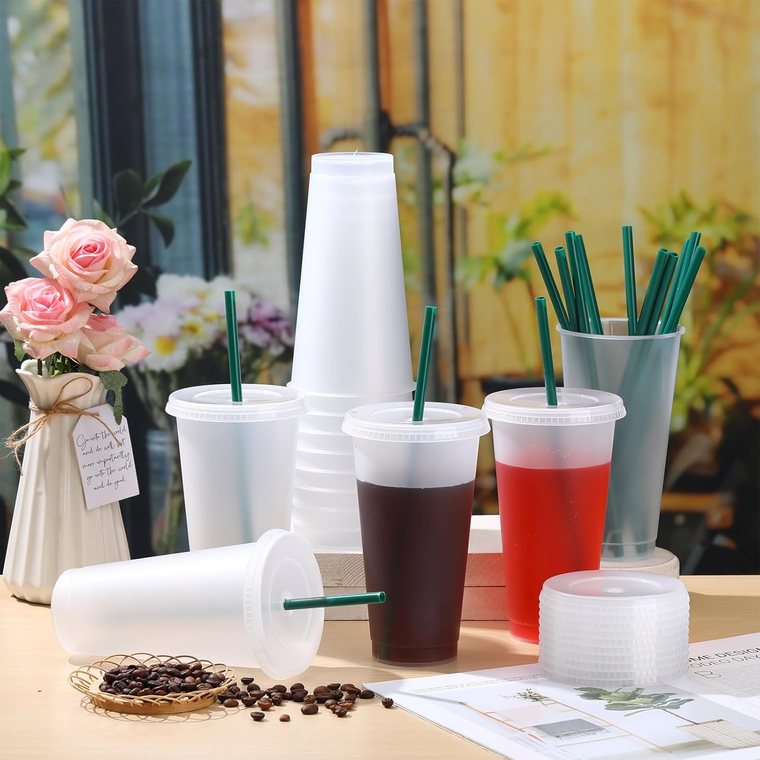 Bokon 15 Sets Tumbler with Straw and Lid Bulk 24 oz Reusable Plastic Cups with Lids and Straws Water Bottle Travel Mug Cup Tumblers Bulk for Cold Hot Drinks Parties Birthdays Adults(Clear)