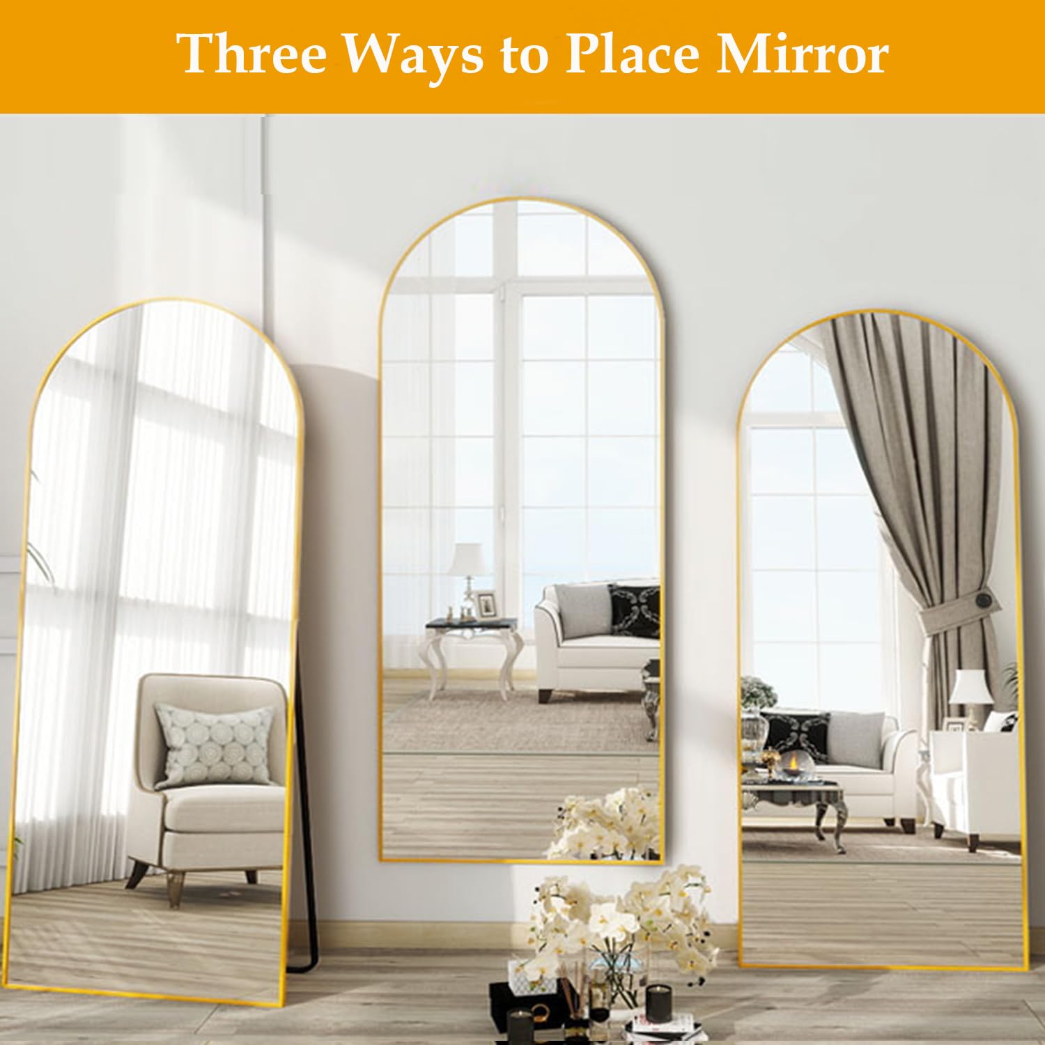 Dewfig Espejo arqueado de longitud completa, 65 x 22 pulgadas, espejo de pie dorado con soporte, estilo clásico moderno, vidrio HD inastillable, 71 x 30 pulgadas