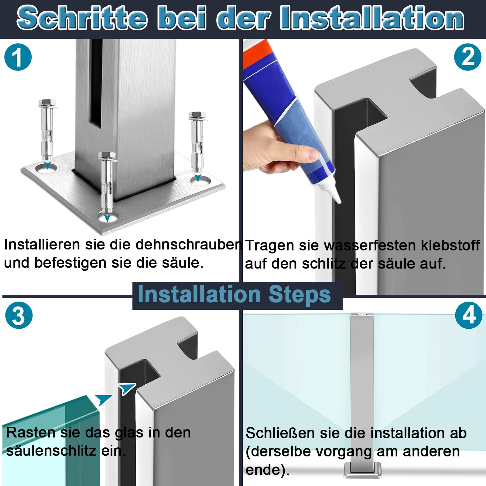Pali per Ringhiere in Vetro in Balaustra, Sistema di Ringhiera, Stabilizzatore Intermedio, Morsetto per Vetro, 95 cm, Argento