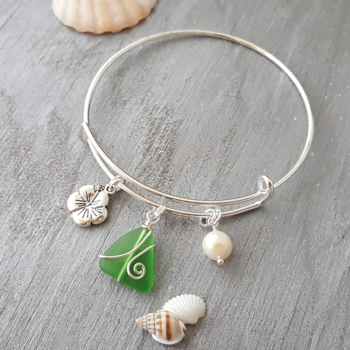 yinahawaii Handmade wire wrapped Emerald sea glass bracelet, May Birthstone, Hibiscus charm, Natural pearl, (Hawaii Gift Wrapped, Customizable Gift Message)