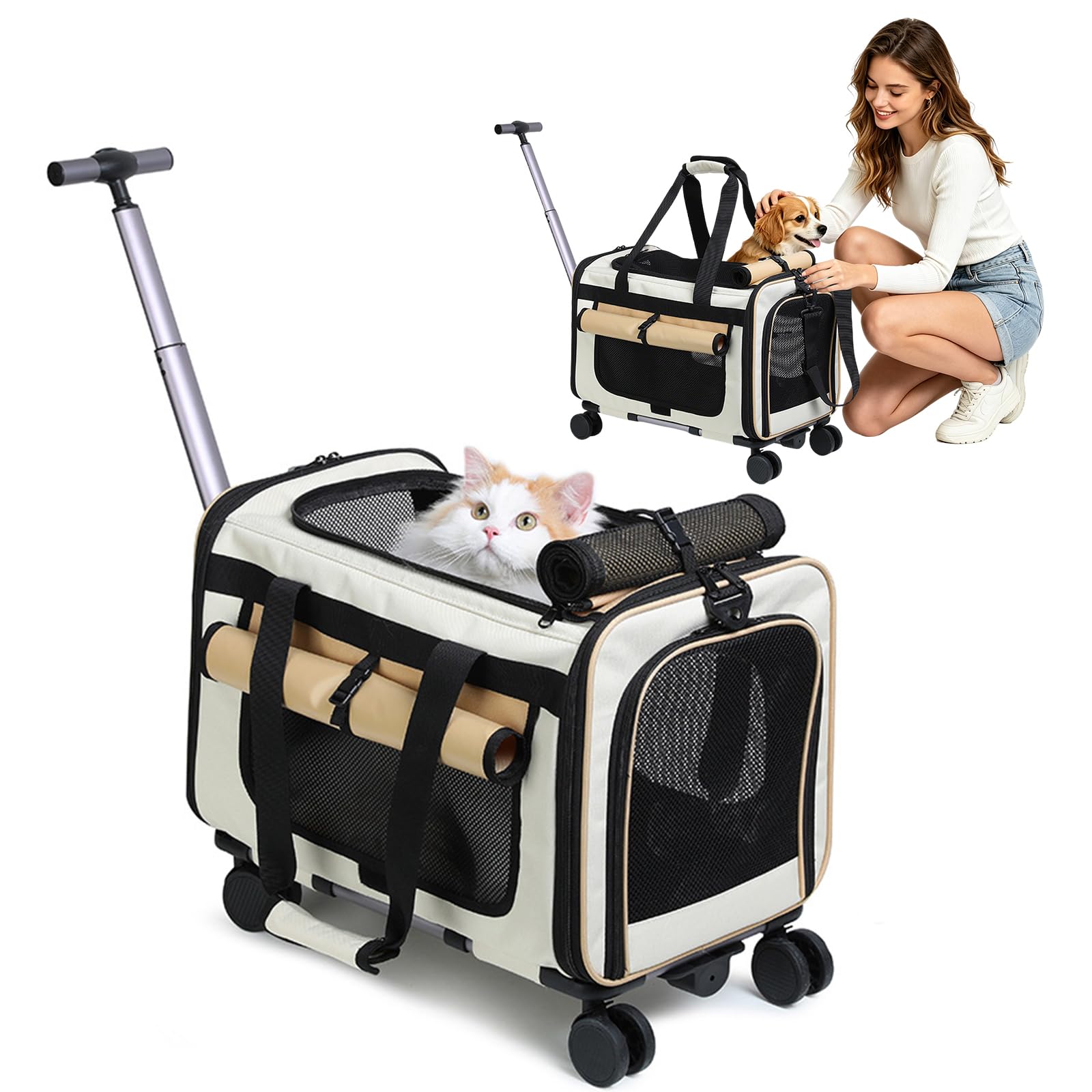 PETCUTE Cat Carrier on wheels, Soft-Sided Dog Carrier with Inner Safety Leash, Breathable Pet Carriers for Small-Medium Cats Puppies up to 5KG,Collapsible Travel Bag,Airline Approved,Khaki