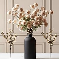 RyddeligHome Beige Silk Artificial Mums with Eucalyptus - 10 Long Stems Faux Chrysanthemum Flowers for Vase, Neutral Tan Home Decor Centerpiece