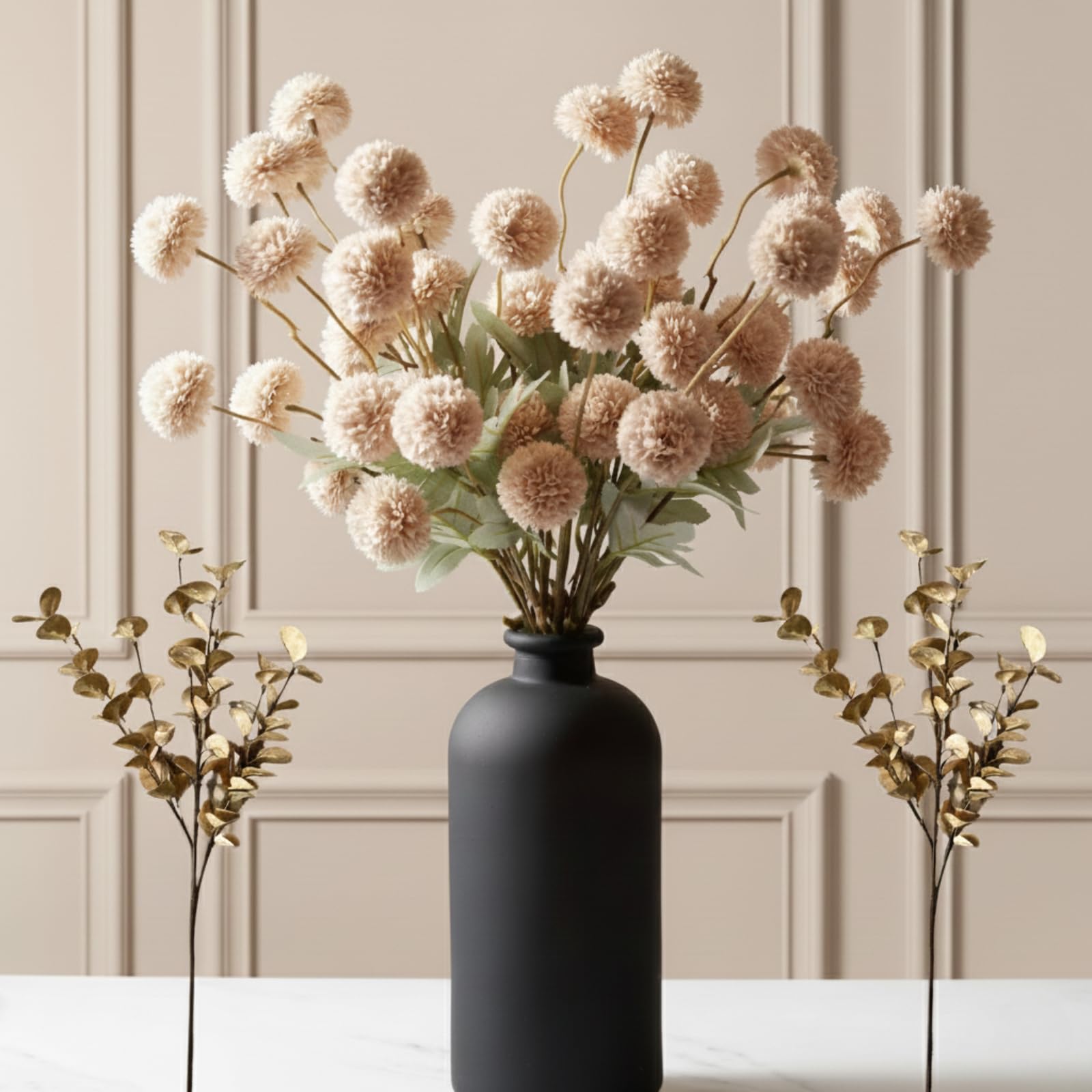 Beige Fake Flowers Silk 10 Mum Stems Eucalyptus Arrangement, Faux Flowers For Vase, Artificial Mums, Mini Floral Long Stem, Tan Nude Cream Neutral Floral, Chrysanthemum Pom Pom Floral Arrangement