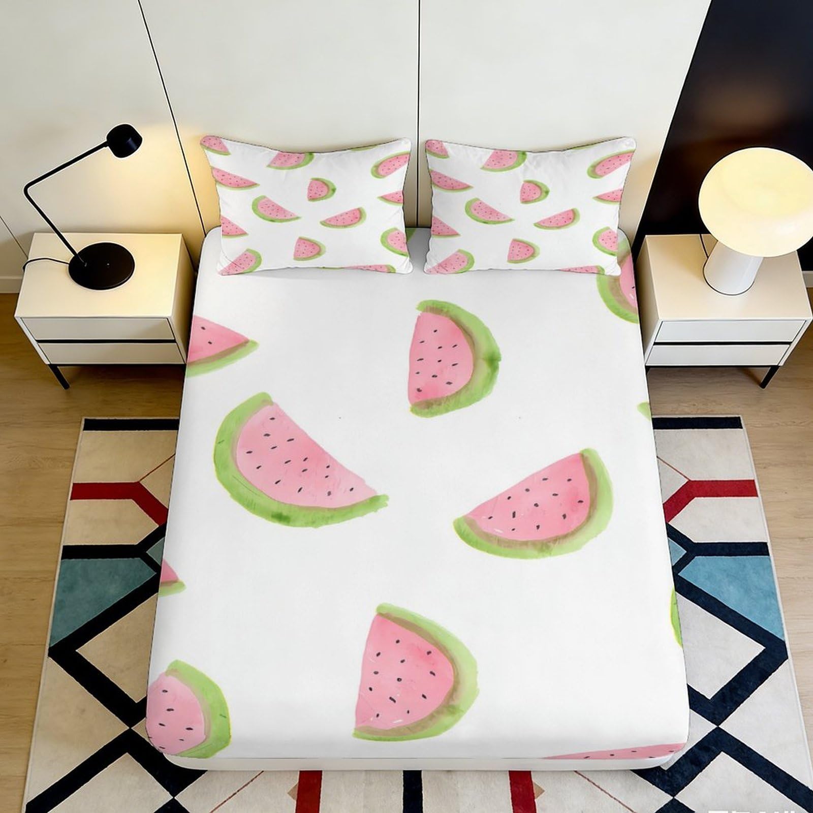 3D Printed Watermelon Slice Fitted Sheet Microfiber Pink Green Fruit Bed Cover for Bedroom Dorm Mattress Protection Decor 120x200x25cm