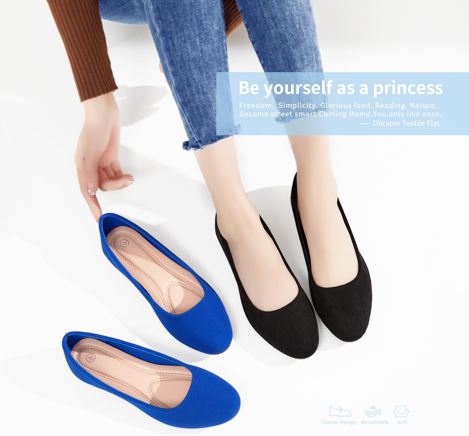 Obtaom Round Toe Women Flat Shoes Slip on Girls Dress Black Ballet Flats - Image 6