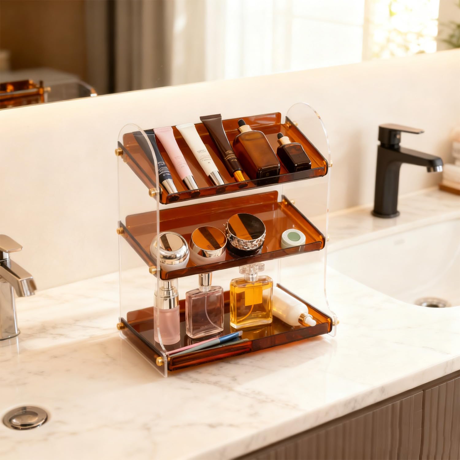 Estante acrílico de 3 niveles para encimera de baño, organizador de maquillaje impermeable para cosméticos, perfumes y soluciones de almacenamiento de oficina