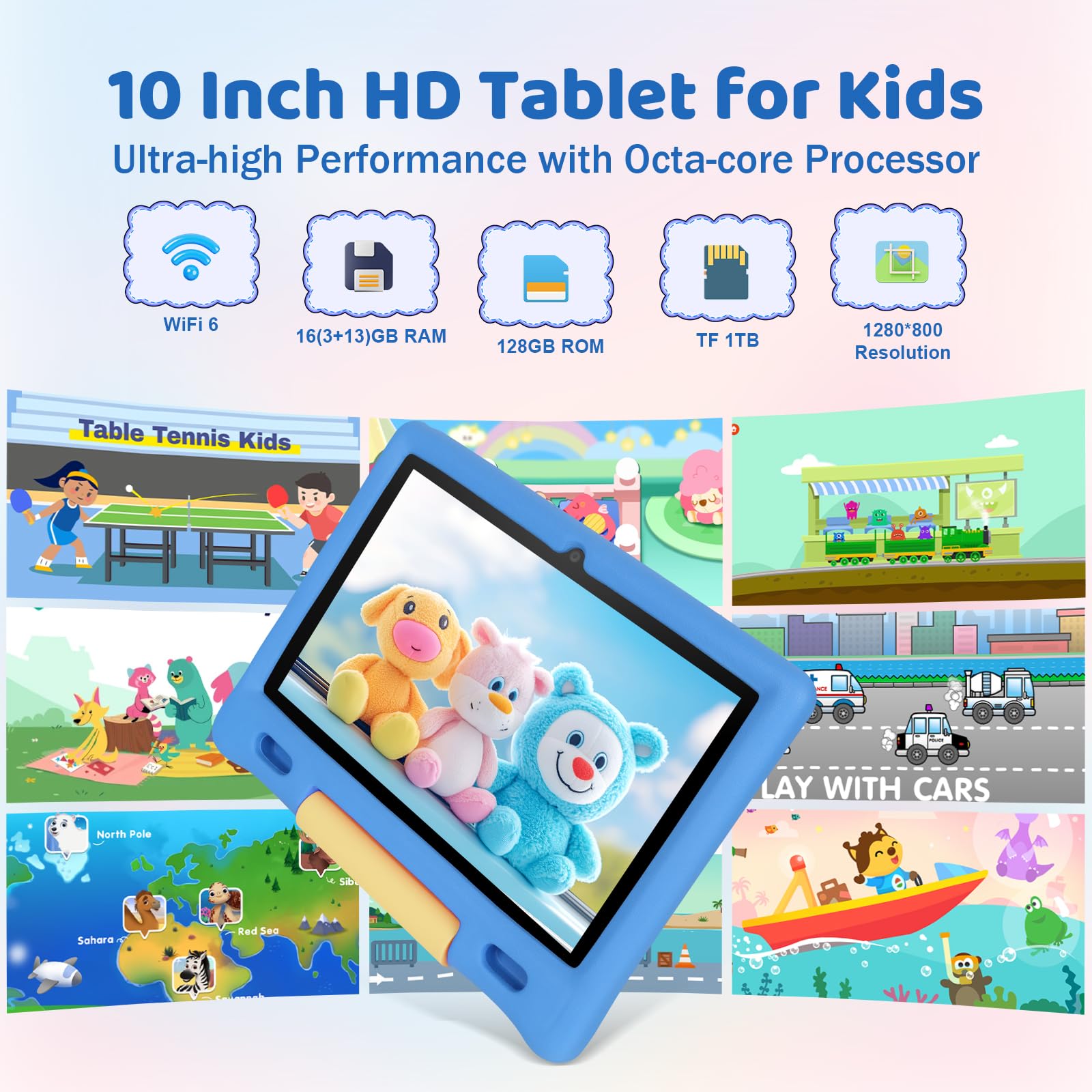 Gleeso Tablet Bambini | Android Tablet per Bambini 10 Pollici, Kids Tablet con Octa-Core | 128GB+1TB TF | Controllo Parentale | 8MP Fotocamera | WiFi 6/BT 5.3, Tablet con Custodia Protettiva - Blu - 4