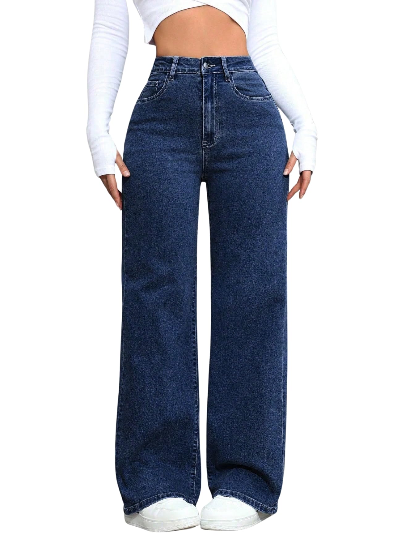 glossia Fashion Dark Blue High Waist Straight Fit Jeans for Women Stretchable Wide Leg Denim Jeans (WJ-S11-$)-picture-24