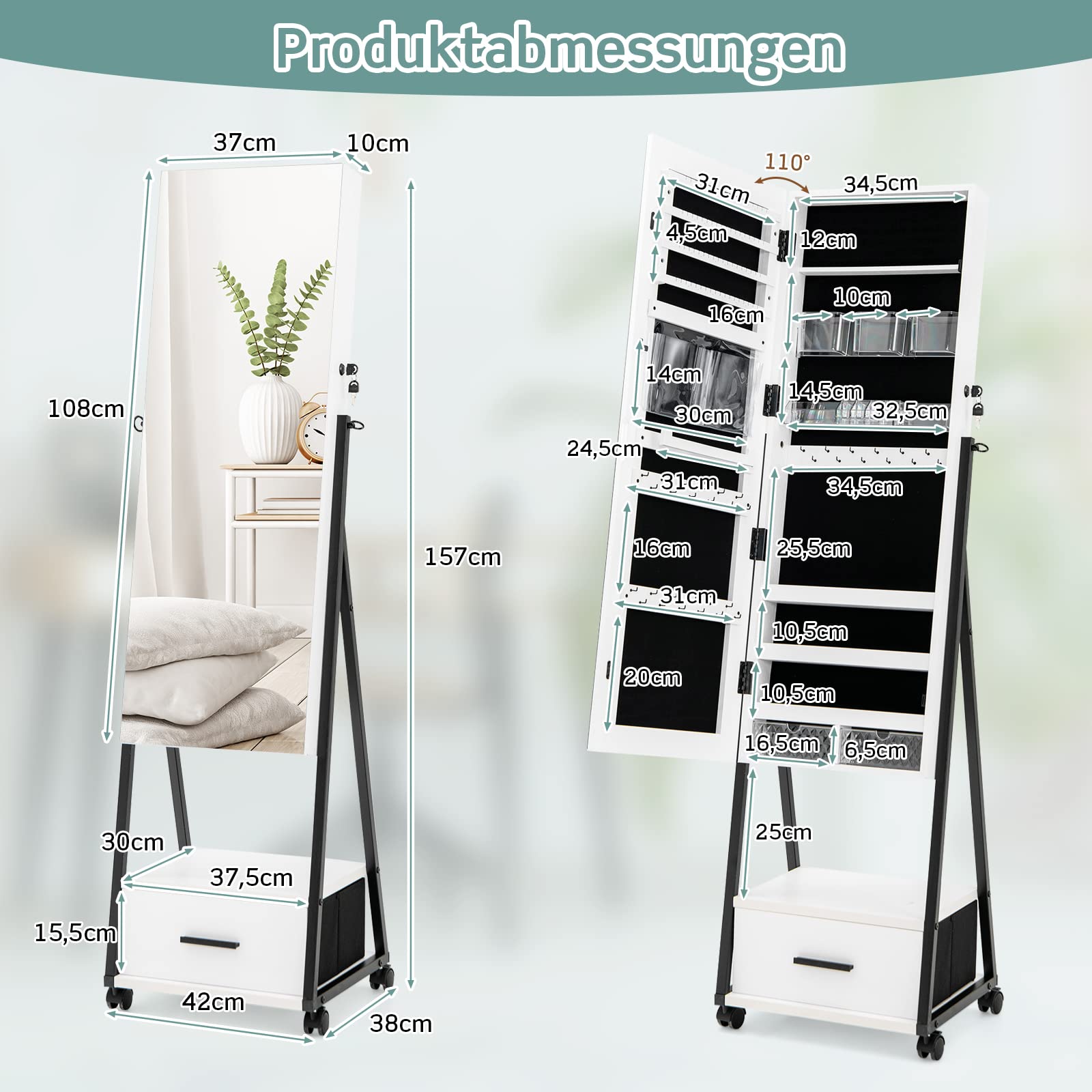 afsluitbare sieradenkast 108 cm hoog, sieradenopbergruimte met lange spiegel, aan de muur te bevestigen sieradenspiegelorganizer met led-binnenverlichting en fluwelen voering, bruin | NL