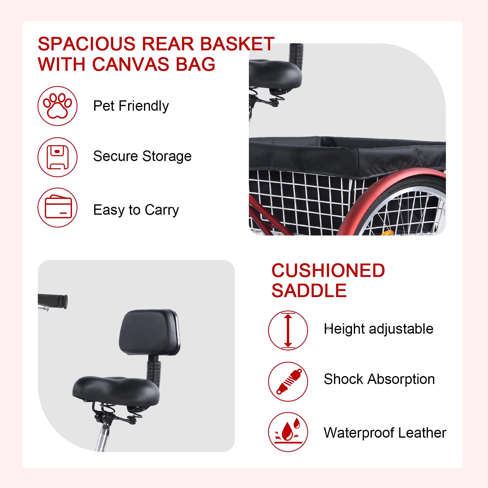 XYJBHB Adult Tricycle Bike 7 Speed, 24/26 Inch 3 Wheel Bikes Tricycle for Adults, Adult Trike for Women/Men/Seniors, Cruiser Bike w/Rear Basket for Shopping/Recreation/Picnic