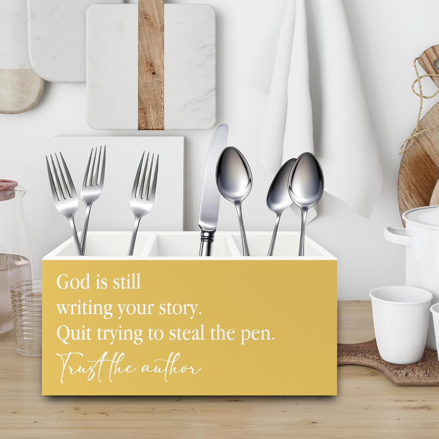 Yellow Christian Inspirational Pen Pencil Holder Organizer for Desk, Christian Office Decor, God Is Still Writing Your Story Bible Verse Wooden Box Sign for Office Home Desk Tabletop Decorations image 3