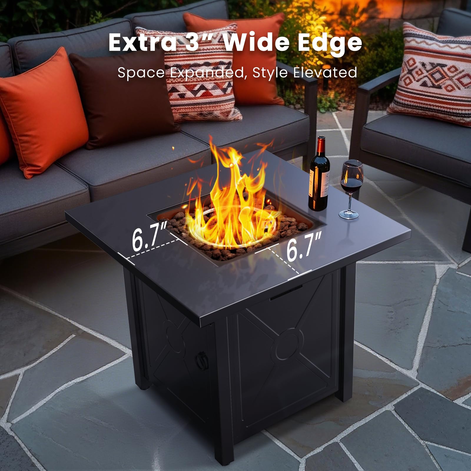 R.W.FLAME Chimenea para exterior de 28 pulgadas cuadrada de metal para fogatas – Mesa de propano con rocas de lava, cuenco de acero para picnic, chimenea de jardín de patio hoguera, 40000 BTU
