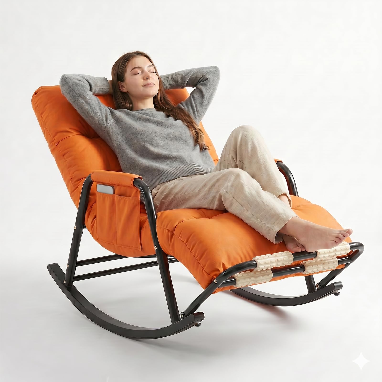 Fauteuil à Bascule Ergonomique, Rocking Chair Allaitement Silencieux avec Dossier et Repose-Jambes Réglables (5 Positions) et Repose-Pieds Massant, Chaise Relax en Cuir Anti-rayures, 150kg (Orange)