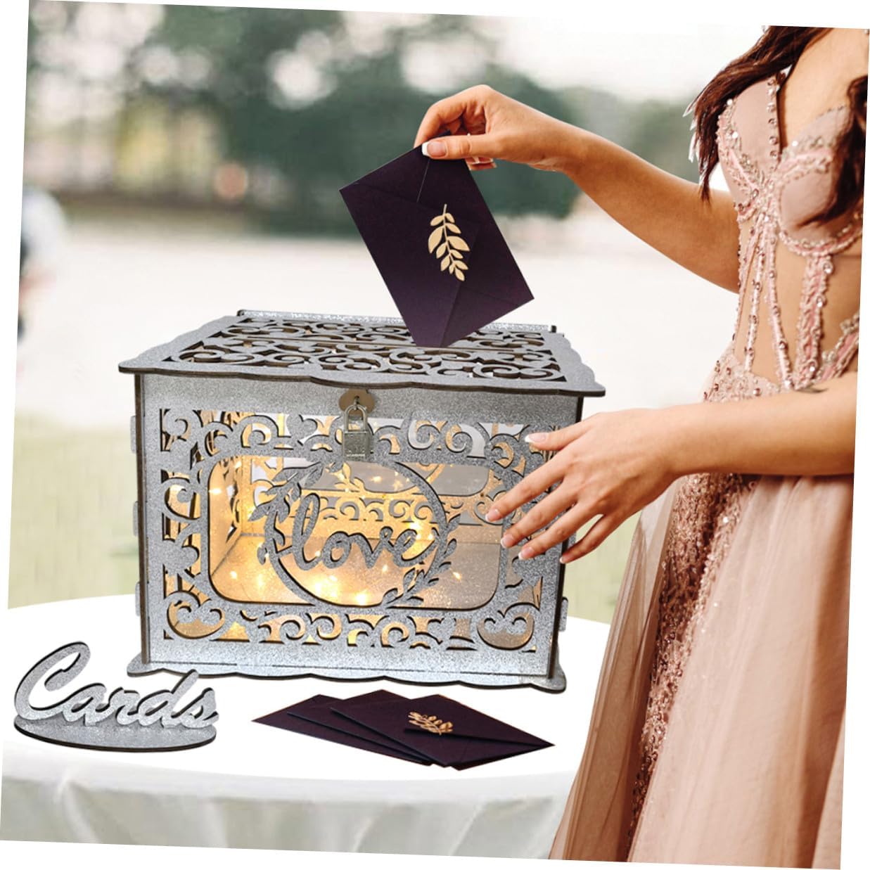 Wood Wedding Card Box Hollow Design Glitter Wood Storage Box for Anniversary and Birthday Reception Greeting Cards Collection