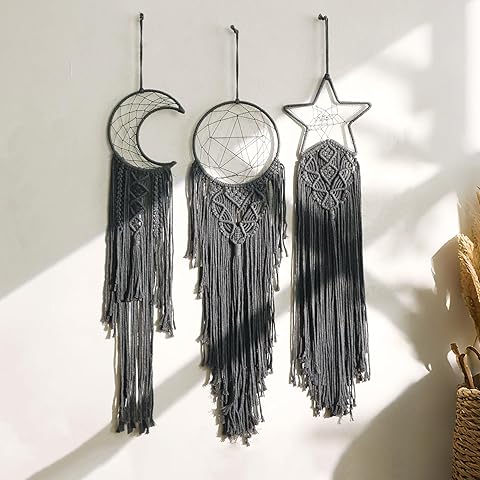 3 Pack Macrame Hanging Tapestry Wall Art Set Boho Woven Tapestries Sun Moon Star Large Dream Catcher Gray Wall Decor Bedroom Aesthetic Living Room Decor
