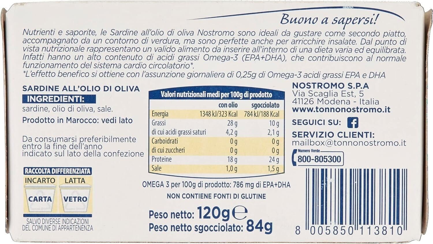 12x Nostromo Sardine all'Olio di Oliva,sarde in olio d'oliva, Pesce in Scatola,Lattine da 120g + 1 Confezione di Talco Felce Azzurra in omaggio, Busta da 100g