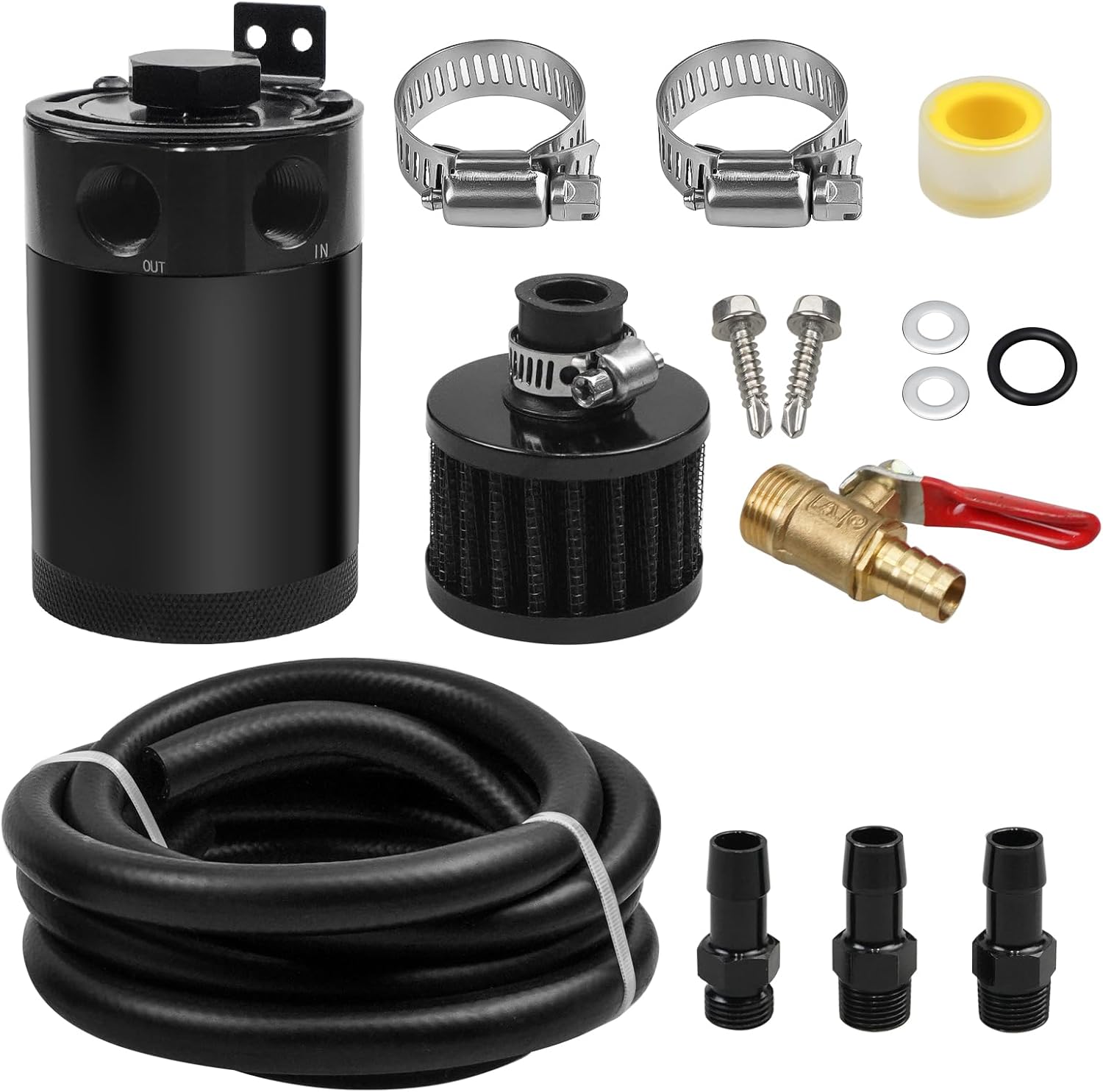 YESHMA 8AN 150ml Oil Catch Can with 1/2 10FT NBR Fuel Line, Universal Baffled 2-Port Reservoir Tank with Breather Filter Drain Valve