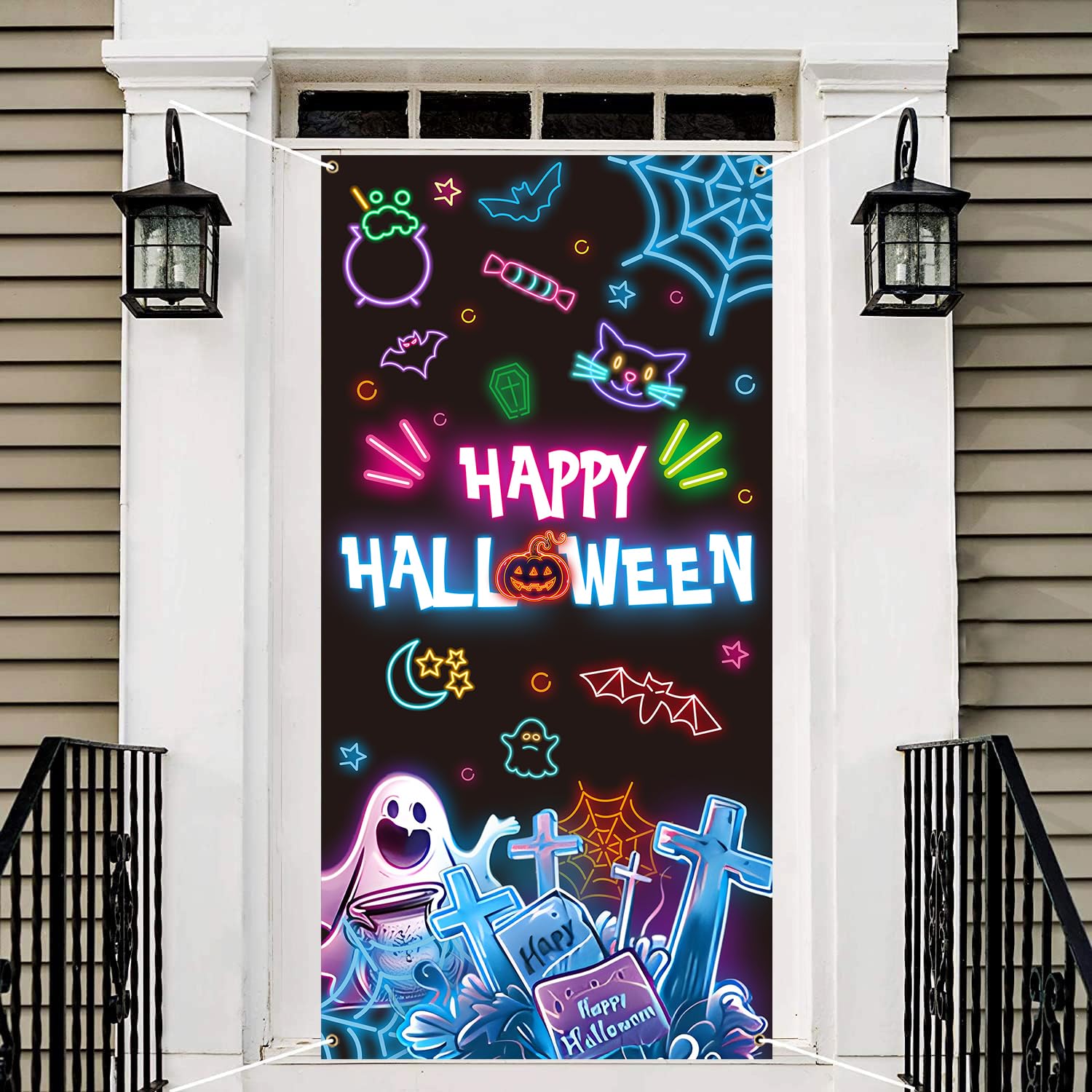 Halloween Photo Door Decorations Banner Halloween Glow in The Dark Theme Front Door Banner Pumpkin Head Ghosts Hanging Decorations Halloween Party