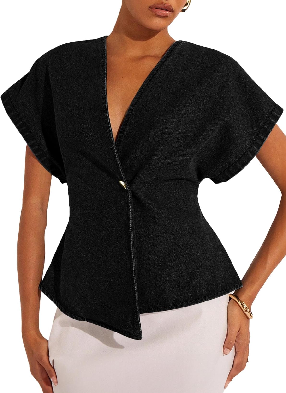 Womens Denim Shirts Short Sleeve Button Down Shirts Spring Summer Tops V Neck Work Blouses Asymmetrical Jean Jacket