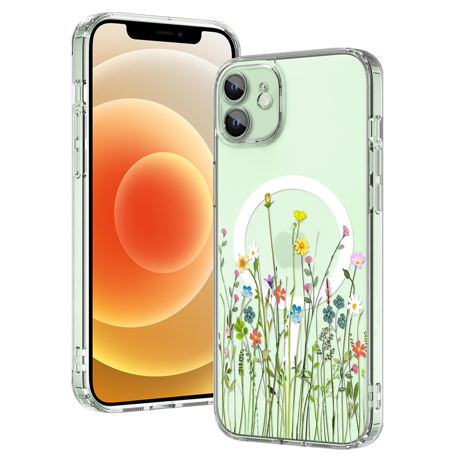 OOK Magnetic for iPhone 12 Case [Compatible with Magsafe] Colorful Wild Flowers Floral Design Clear Case with Full Camera Lens Case for iPhone 12
