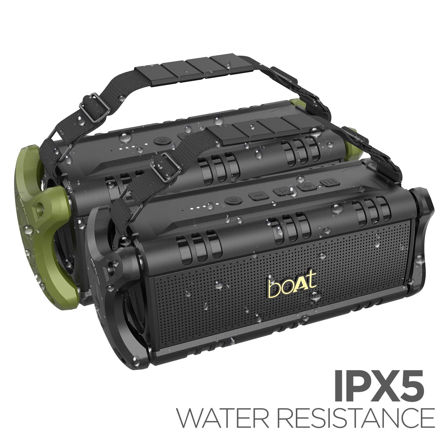 boAt Stone 1400 speaker with water droplets, indicating IPX5 water resistance