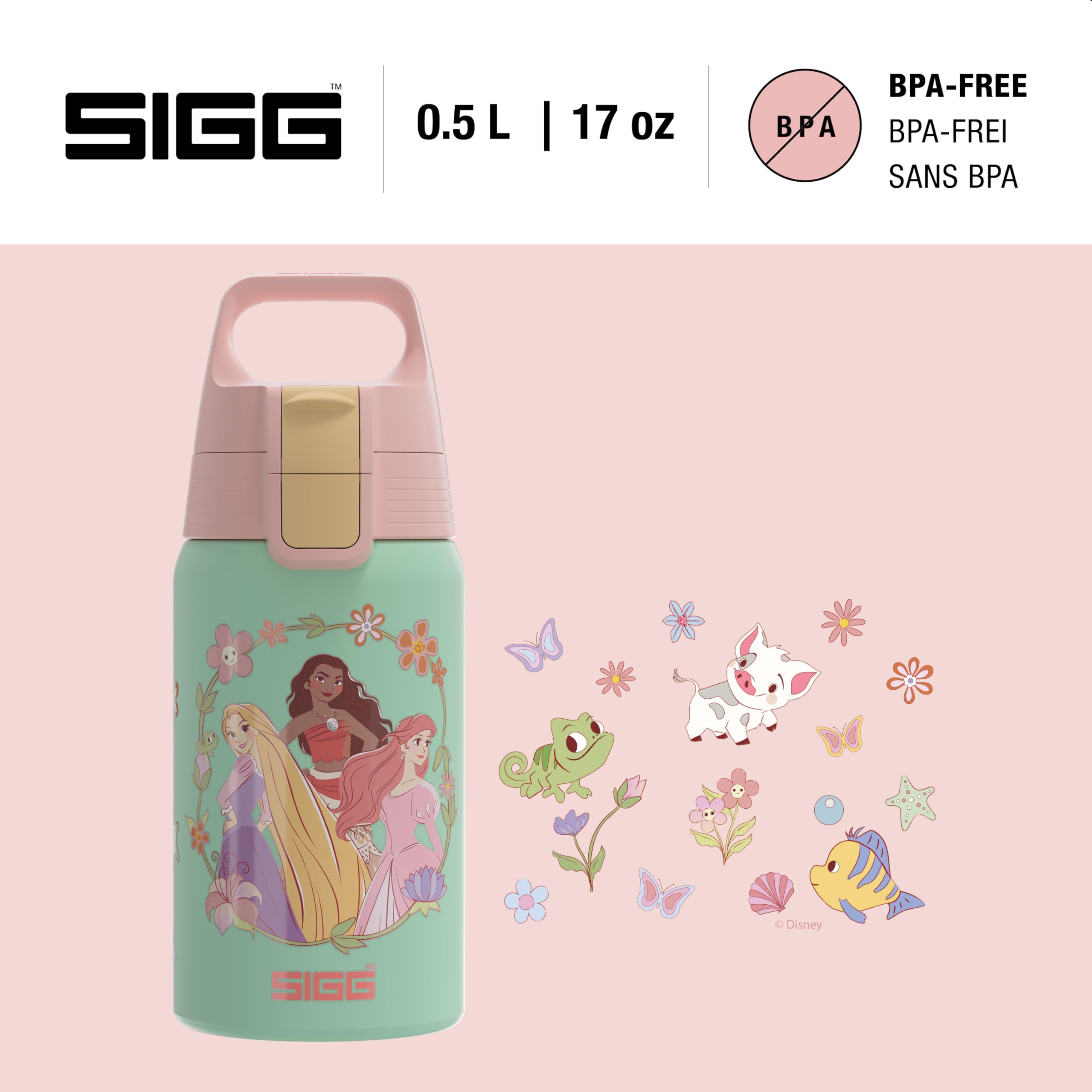 SIGG - Butelka do picia dla dzieci ze stali nierdzewnej – Shield One Disney Princesses – nadaje się do napojów gazowanych – szczelna – lekka jak piórko – nie zawiera BPA – sport i szkoła – niebieska,