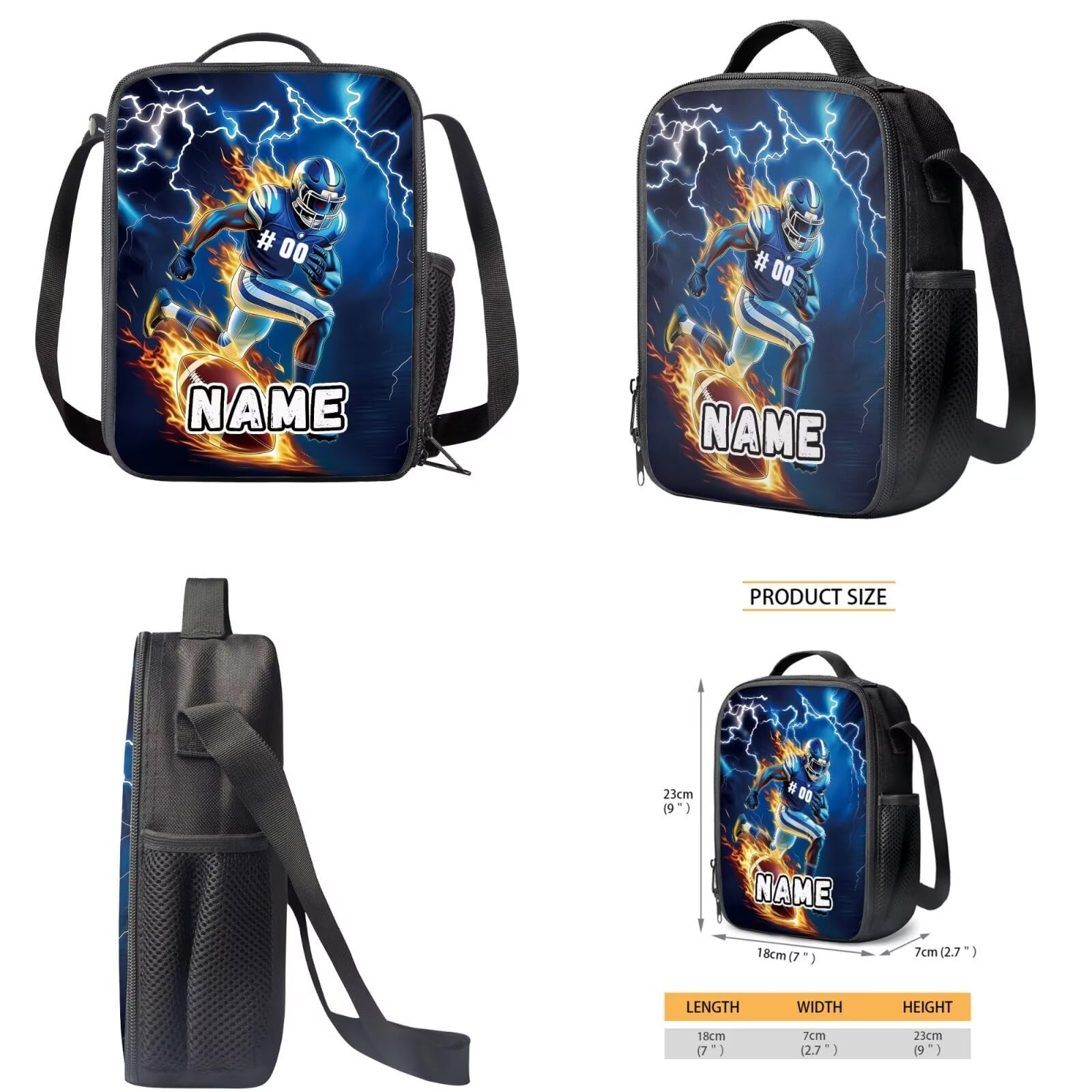 COEQINE Mochila negra para niños de 5 a 10 años con fiambrera, 4 bolsas escolares con llavero portátil, estuche para lápices, mochila para laptop, Football Player Dark Blue Lightning Flame, M
