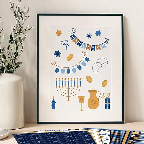 Miniatura 7 de Whaline 60 hojas de papel con patrón de Hanukkah tamaño A5, lámpara de estrella de Hanukkah, papel giratorio superior de desplazamiento Flagon,
