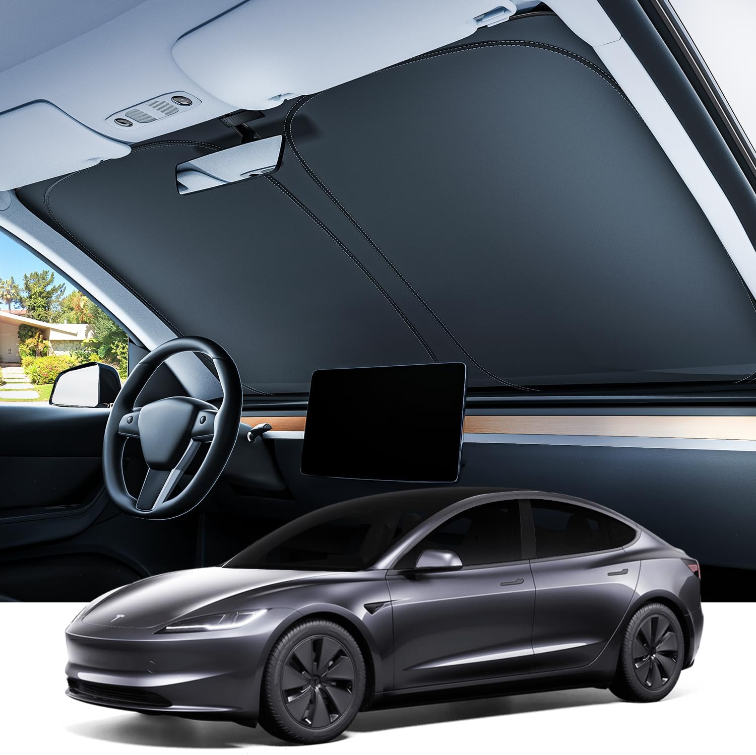 REEVAA Upgraded Tesla Model 3 Highland Sunshade Windshield [Tailored Fit, 99% Sun Protection] Foldable and Easy-Use Sunshade Accessories with Storage Bag Fit Model 3 2016-2026, Silver Coating