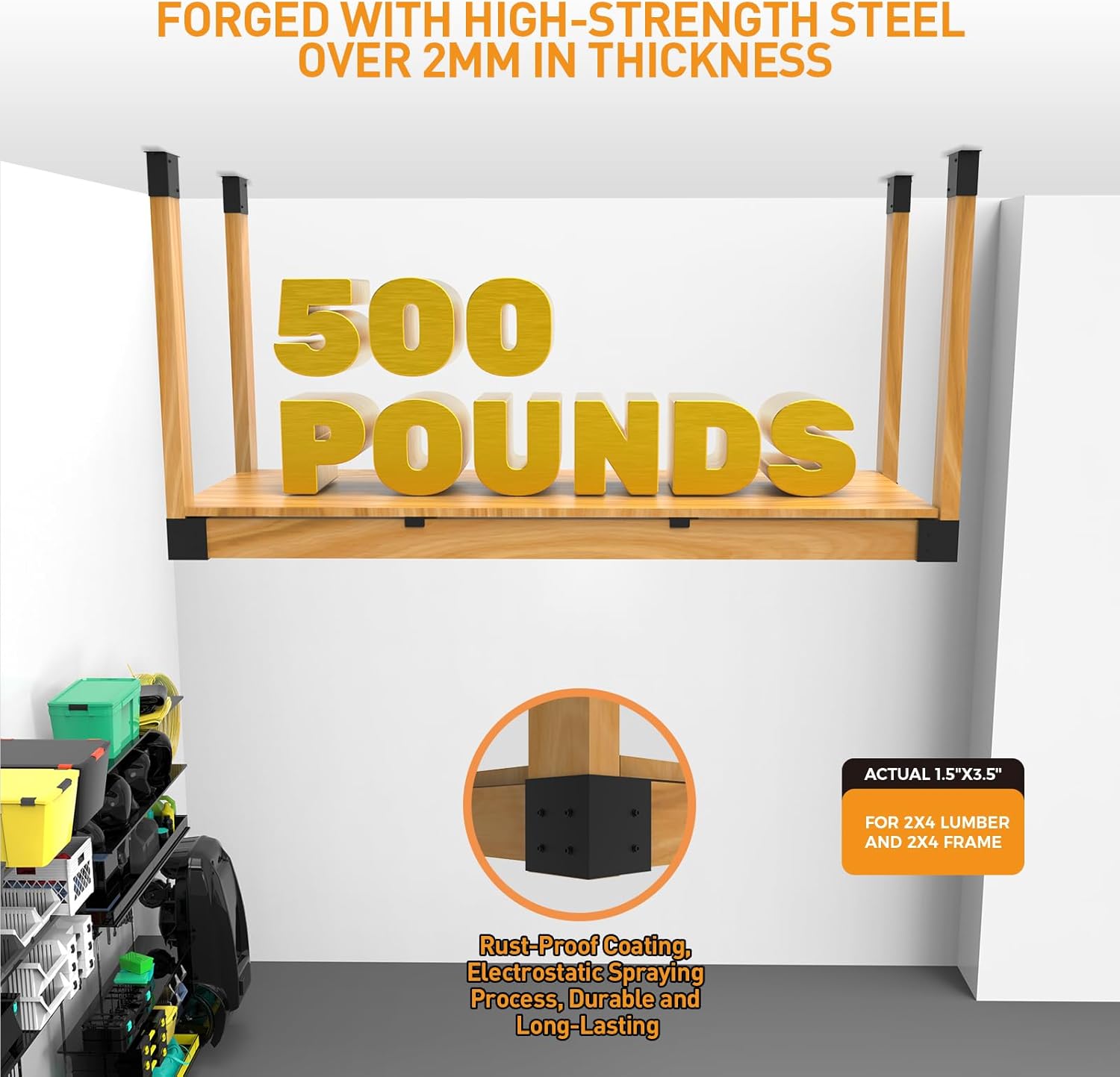 Heavy Duty Overhead Garage Storage Rack Kit for 2x4 Wood (Actual 1.5"x3.5") - DIY Ceiling Storage System, 500 lbs Capacity, Easy Install, Metal Brackets (No Lumber Included) - Image 5